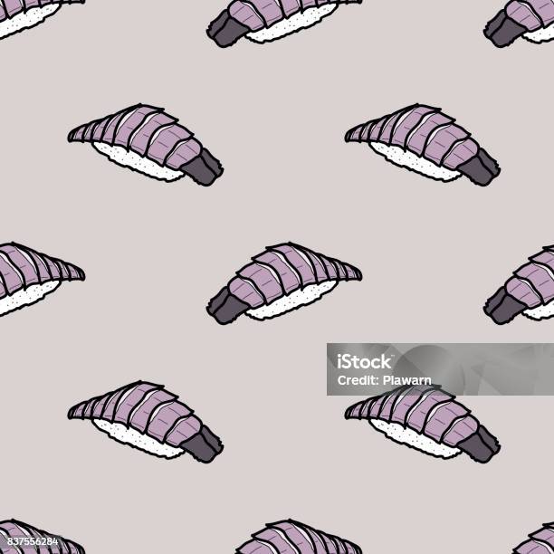 Colorful Shako Sushi On Light Purple Background Cute Hand Drawn Style Seamless Pattern Design Vector Illustration Stock Illustration - Download Image Now