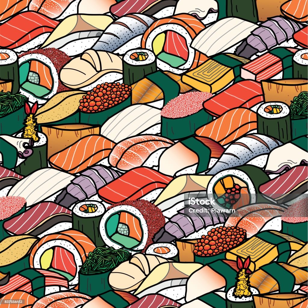 Plenty of colorful sushi and roll. Cute Japanese food hand drawn style. Seamless pattern Plenty of colorful sushi and roll. Cute Japanese food illustration hand drawn style. Seamless pattern. Abundance stock vector