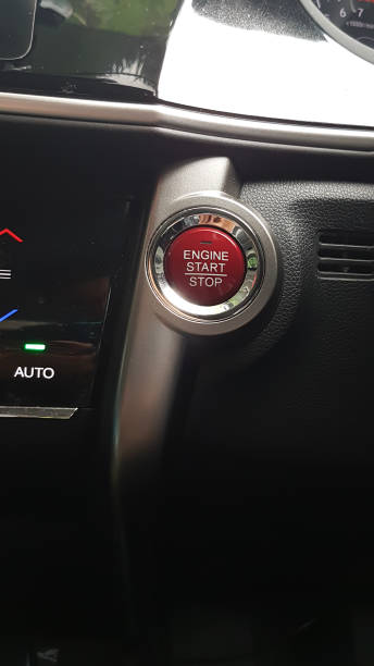 istock Red circle button controller of engine start and stop of hi-tech car 837556656