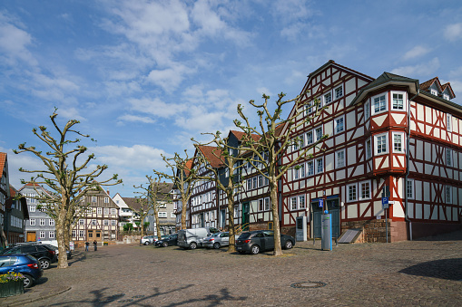 Frankenberg, Germany - May 31, 2017: The old architecture of the houses of  Frankenberg an der Eder on Untermarkt street.