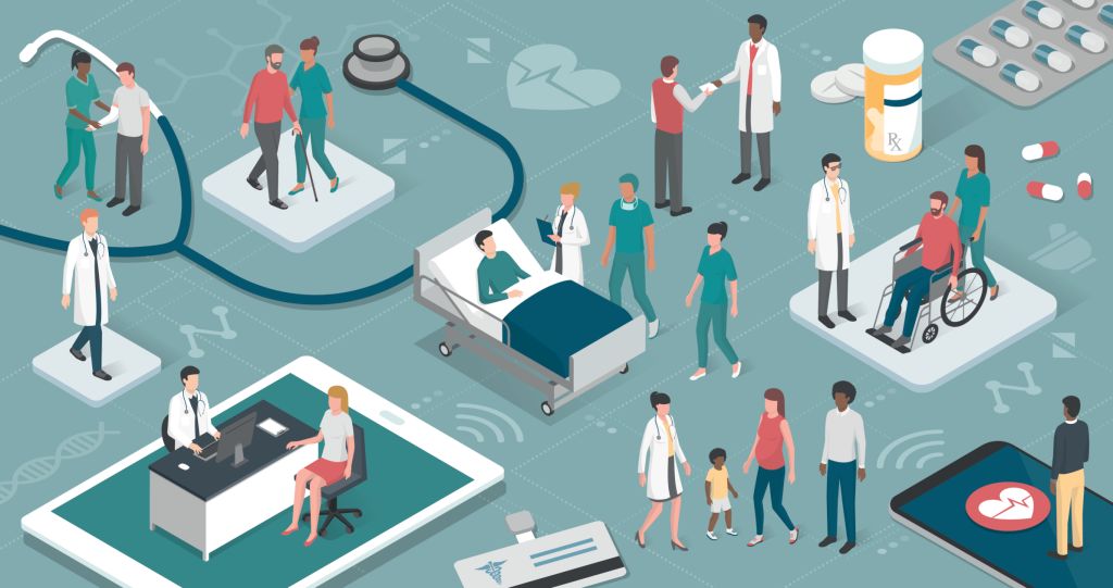 患者の世話をし、一緒に接続する医師と看護師:ヘルスケアと技術の概念