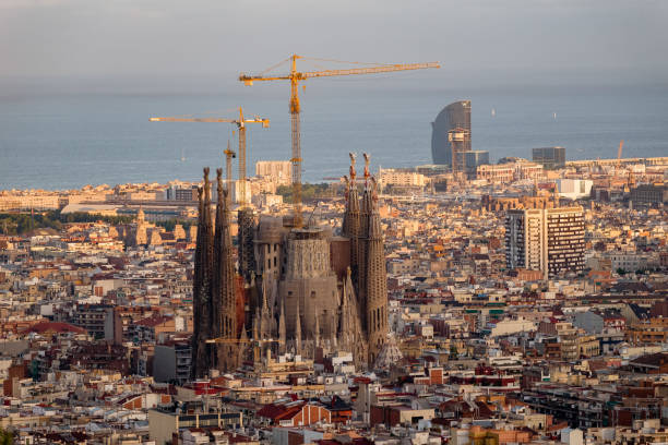 Sagrada familia in Barcelona as seen from Bunkers Del Carmel above Barcelona.
