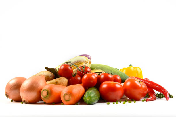 Different fresh organic vegetables for healthy on white background.(clean eating dieting and healthy organic food concept)