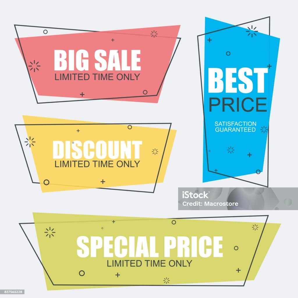 Conjunto de banners vector plano geométrico en estilo vintage - arte vectorial de Insignia - Accesorio personal libre de derechos