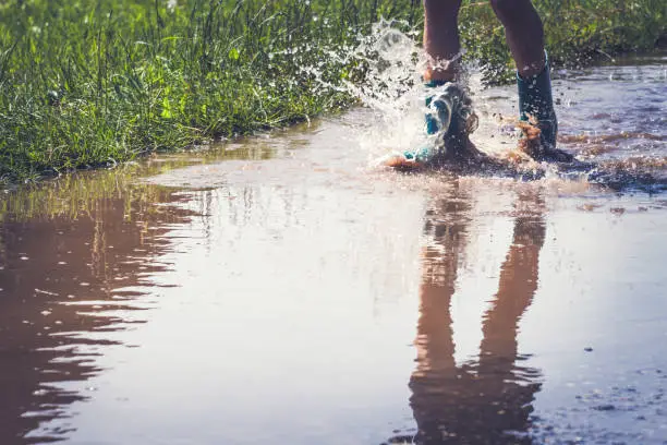 Legs of child in rainboots running through puddle in park