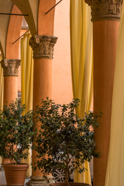 istock Three orange columns with yellow curtains and plants in pots 837588318