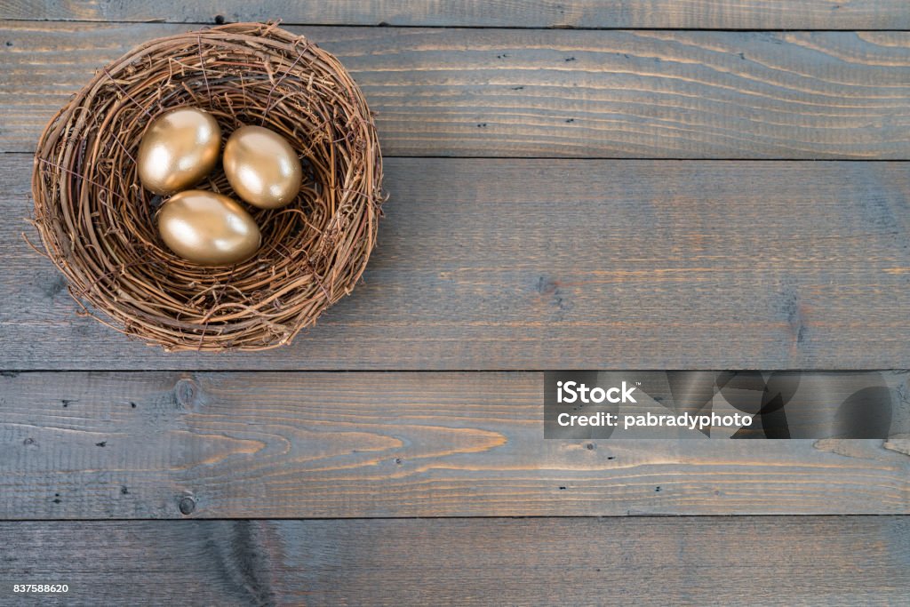 Nest with golden eggs Nest with several golden eggs on wood background Animal Egg Stock Photo