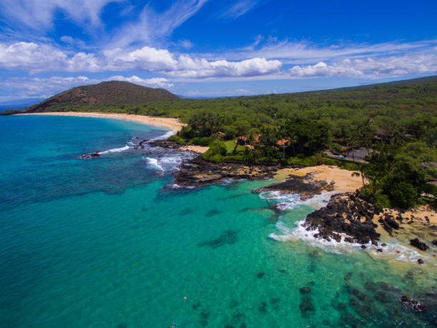 Drone Aerial of a Coastline in Maui Aerial of clear water on the coastline Maui by drone maui stock pictures, royalty-free photos & images