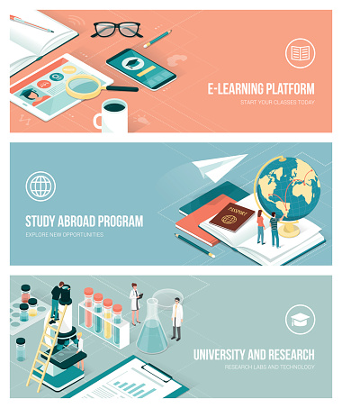 University, research and studying abroad concept with isometric people and objects, banners set