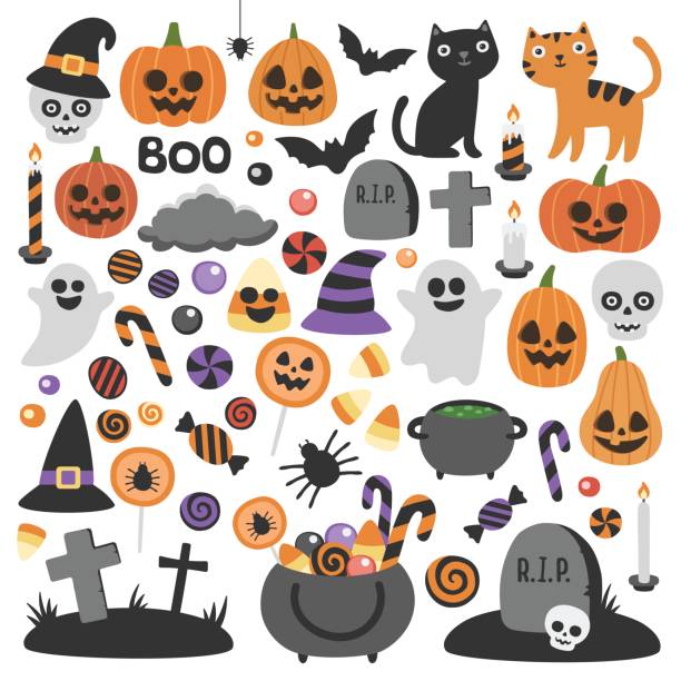 Cute vector set with Halloween illustrations. Smiling and funny cartoon characters: pumpkin, ghost, cat, bat, candy jar. Stickers, icons, design elements halloween icons stock illustrations