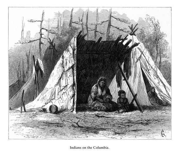 Very Rare, Beautifully Illustrated Antique Engraving of Indians on the Columbia River, Oregon, United States, American Victorian Engraving, 1872. Source: Original edition from my own archives. Copyright has expired on this artwork. Digitally restored.