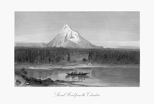 Very Rare, Beautifully Illustrated Antique Engraving of Mount Hood from the Columbia River, Oregon, United States, American Victorian Engraving, 1872. Source: Original edition from my own archives. Copyright has expired on this artwork. Digitally restored.