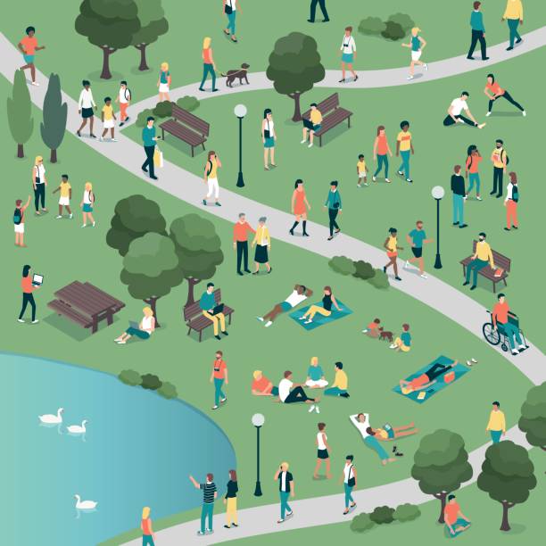 People at the city park People gathering in the city urban park and relaxing in nature together, community and lifestyle concept high angle view illustrations stock illustrations