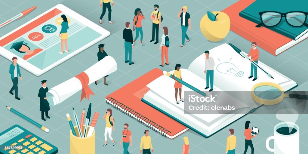 University and research College and university students, researchers and professors studying together, school supplies and digital tablet: education and research concept Post-Secondary Education stock vector