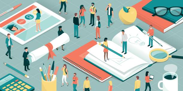 University and research College and university students, researchers and professors studying together, school supplies and digital tablet: education and research concept post secondary education stock illustrations