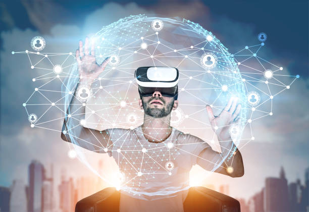 istock Bearded guy in VR glasses and global network 837612724