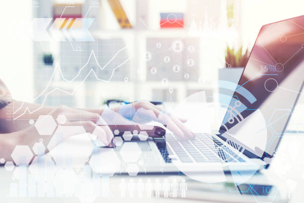 istock Businesswoman in office, graphs, HUD 837621082
