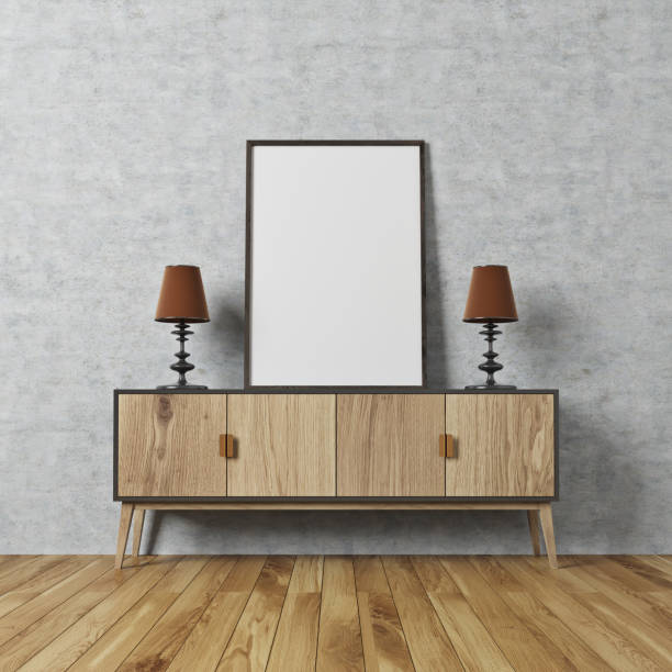 istock Concrete wall room, poster on a cabinet 837632692