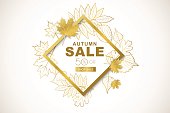 Autumn sale horizontal banner with isolated golden frame and gold outline autumn leaves. Vector fall poster background. Layout for discount labels, flyers and shopping.