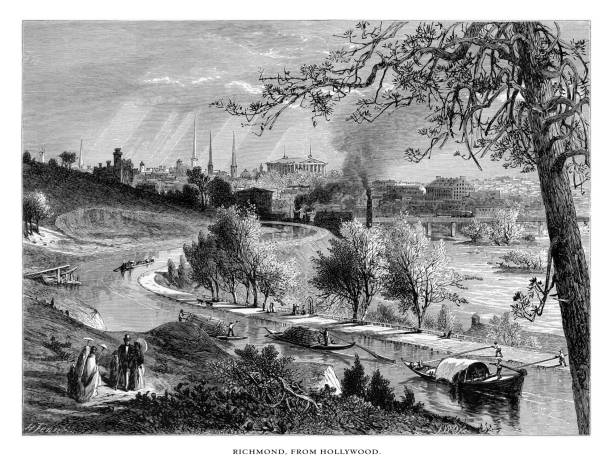 ilustraciones, imágenes clip art, dibujos animados e iconos de stock de richmond, virginia, de hollywood, estados unidos, american victoriana grabado, 1872 - old fashioned scenics engraving river