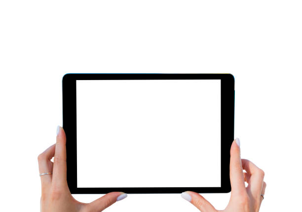 istock Blank empty tablet computer in the hands of girl. Isolated on white. Blank empty white screen. Empty space for text 837707072