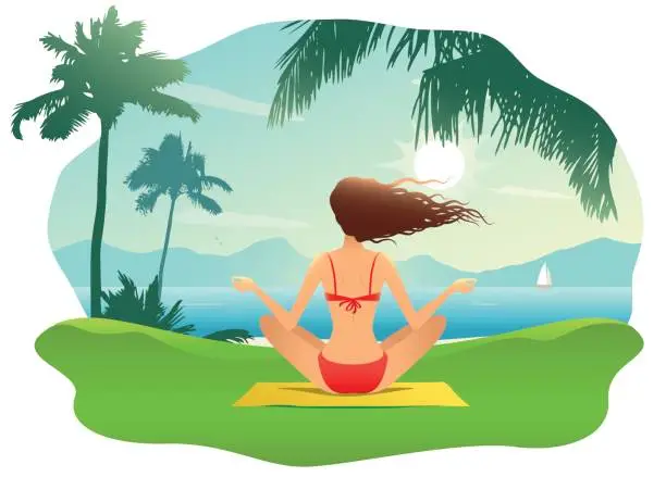 Vector illustration of Young woman doing yoga on the beach