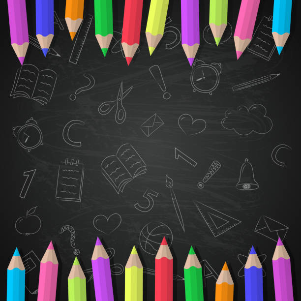 ilustrações, clipart, desenhos animados e ícones de fundo de escola com lápis de cores e desenho. vector. - blackboard blank classroom backgrounds
