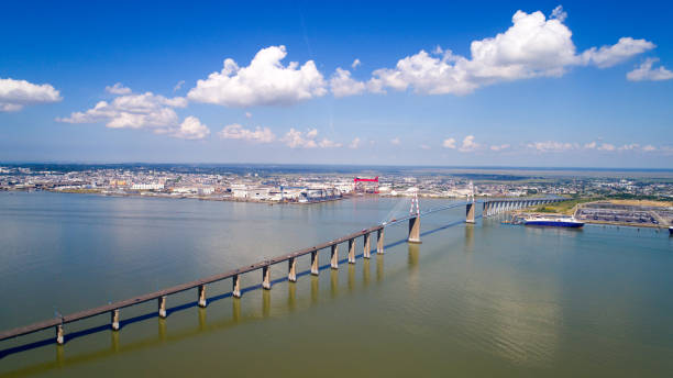 Aerial photo of Saint Nazaire bridge stock photo