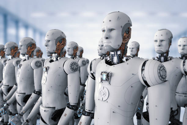 istock group of cyborgs in factory 837834660