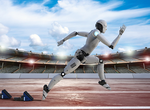 3d rendering robot running on racecourse in stadium