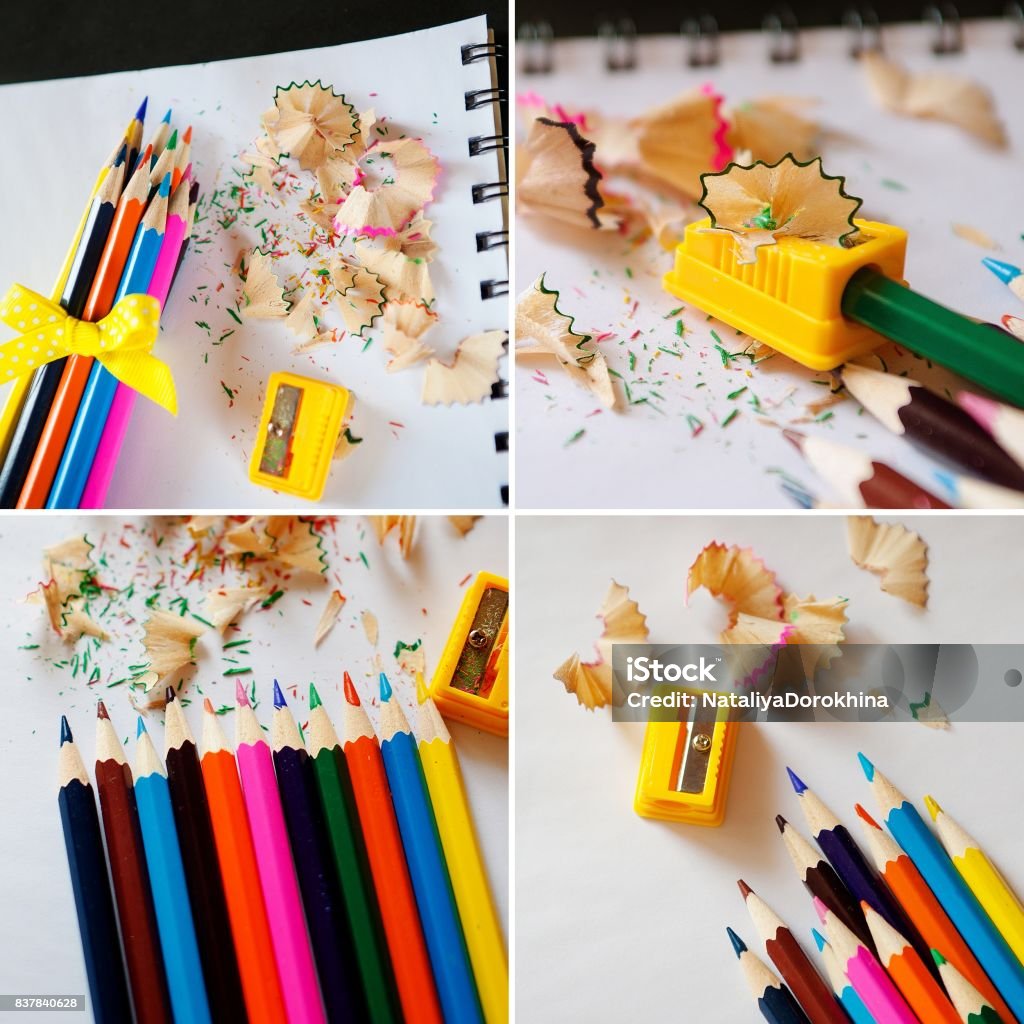 School Supplies Collage Colored Pencils Sharpener Shavings Stock Photo -  Download Image Now - iStock