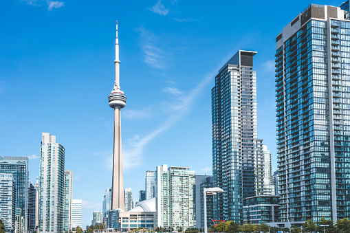 A view of the CN Tower west side.  Towering skyscrapers and apartment buildings lead your eye to the iconic communication tower that Toronto is known for.