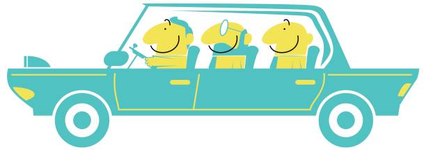 illustrations, cliparts, dessins animés et icônes de voiture mise en commun, partage de l’économie, trois souriant homme d’affaires (homme) dans une voiture (conduite) - car pooling