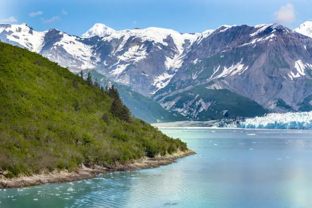 A scenic view from a ship of the Glacier Bay National Park and Preserve.