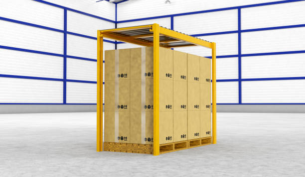istock Rows of shelves with boxes in modern warehouse 837903248
