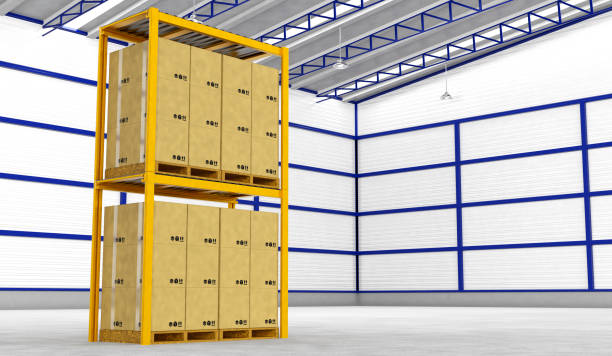 istock Rows of shelves with boxes in modern warehouse 837903270