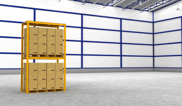 istock Rows of shelves with boxes in modern warehouse 837903288