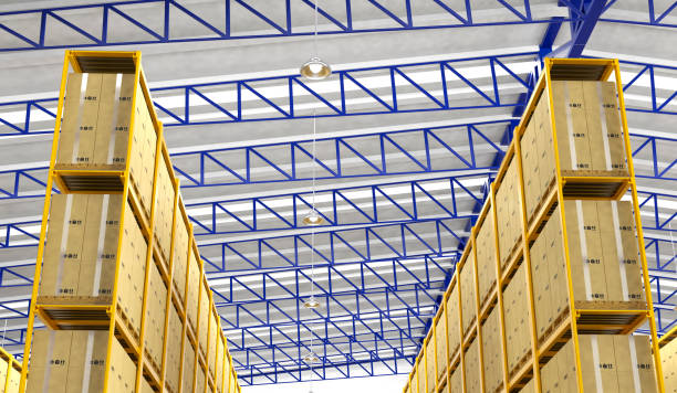 istock Rows of shelves with boxes in modern warehouse 837903306