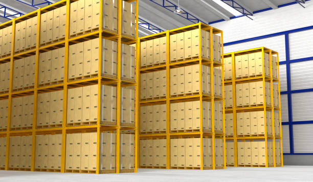 istock Rows of shelves with boxes in modern warehouse 837903312