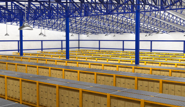 istock Rows of shelves with boxes in modern warehouse 837903338