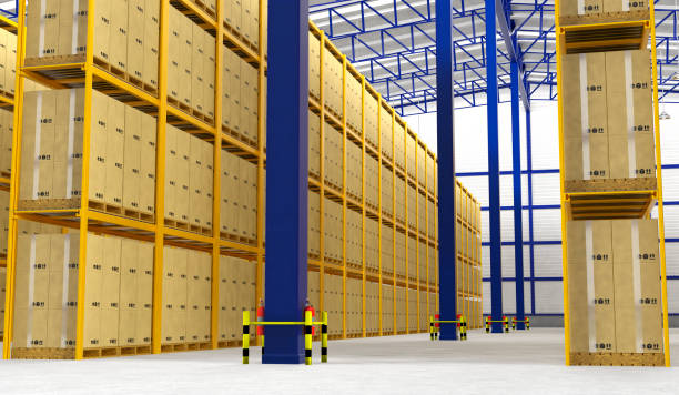 istock Rows of shelves with boxes in modern warehouse 837903352