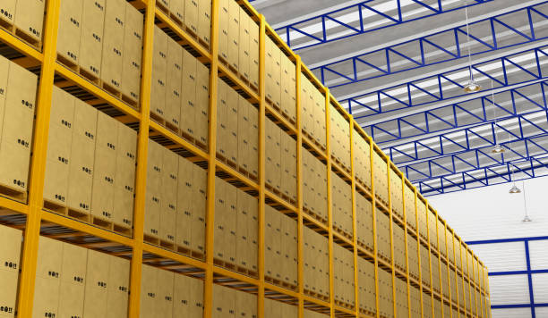 istock Rows of shelves with boxes in modern warehouse 837903360