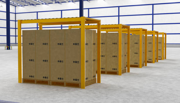 istock Rows of shelves with boxes in modern warehouse 837903366