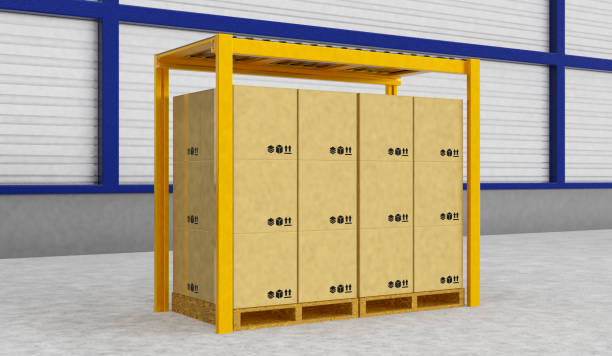 istock Rows of shelves with boxes in modern warehouse 837903370
