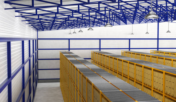 istock Rows of shelves with boxes in modern warehouse 837903374