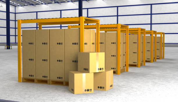 istock Rows of shelves with boxes in modern warehouse 837903390