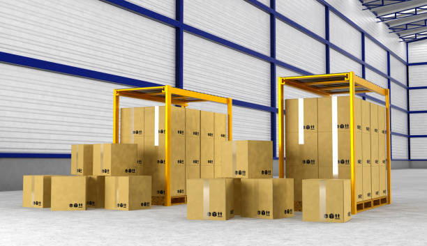 istock Rows of shelves with boxes in modern warehouse 837903396