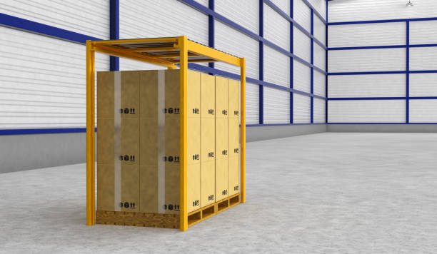 istock Rows of shelves with boxes in modern warehouse 837903406