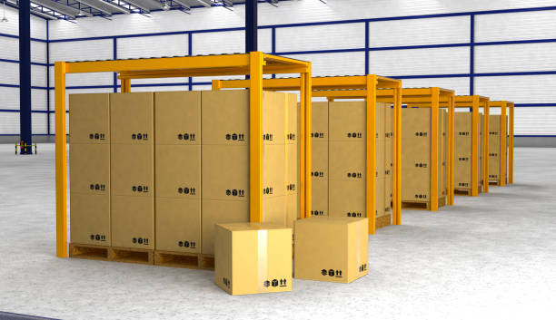 istock Rows of shelves with boxes in modern warehouse 837903418