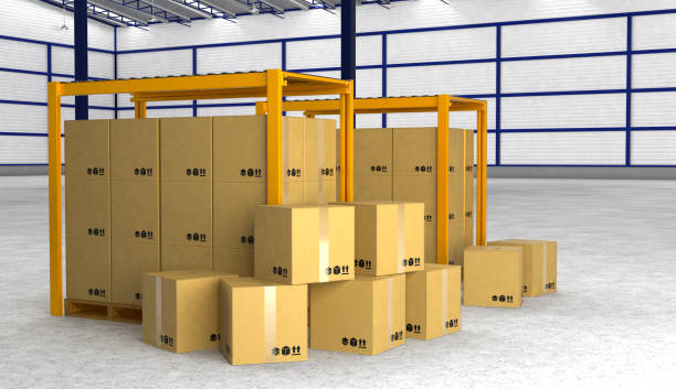 istock Rows of shelves with boxes in modern warehouse 837903422